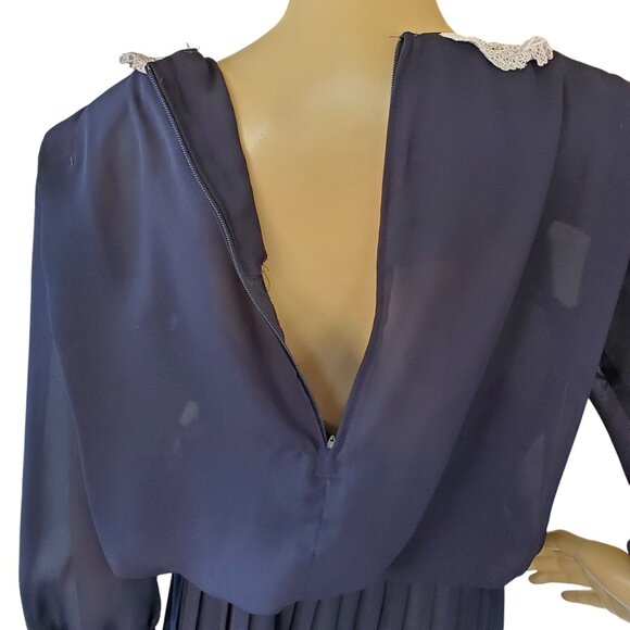 Vintage Career Blouson Maxi Dress Women's 12 Sheer Zip Blue Lace Crochet Collar - Picture 4 of 12